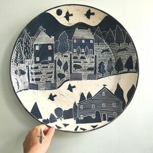 Vintage Large Blue Sgraffito Ceramic Plate Houses Birds Cats 18" Wall Art Cohen